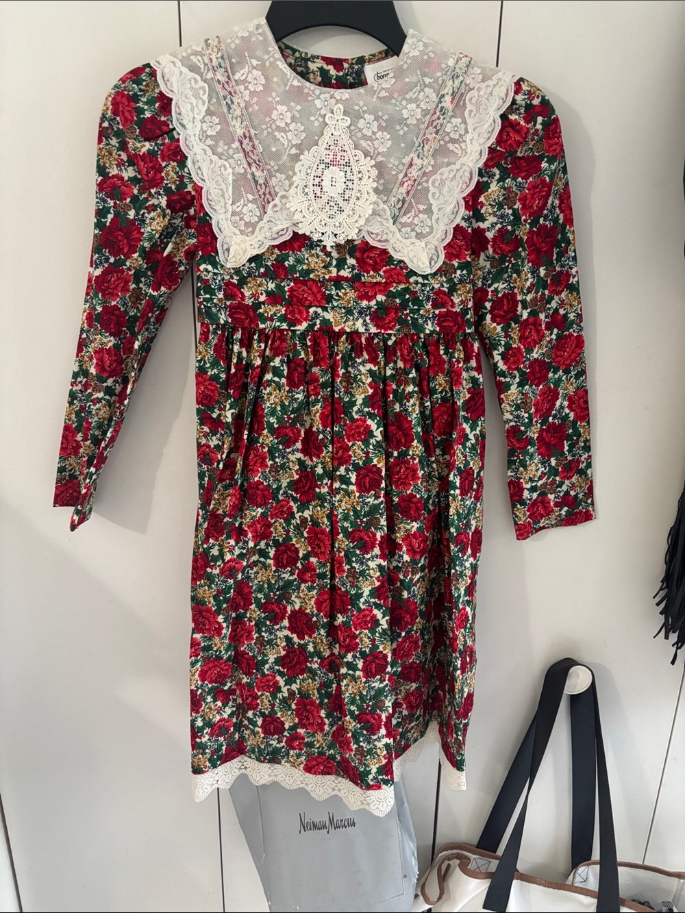 Vintage Bonnie Jean Girls Holiday Dress with Lace Collar & Trim size 8